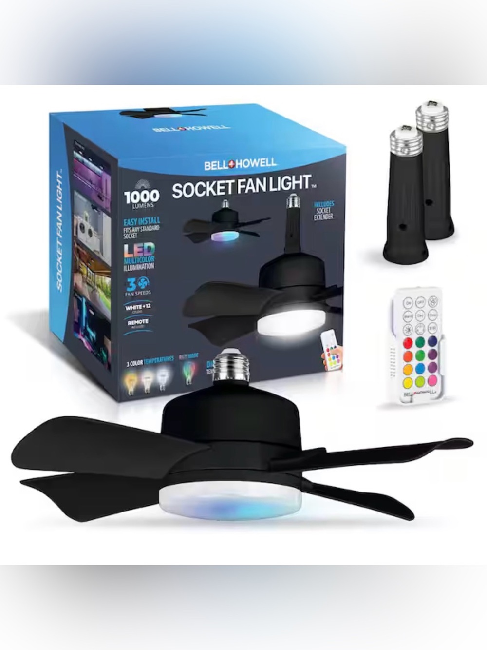 Black Socket Fan Light with LED Multicolor Illumination